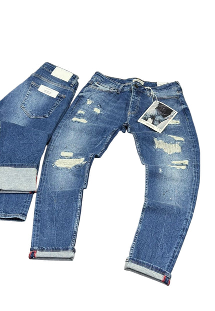 Men's Heavily Ripped Jeans in Medium Blue