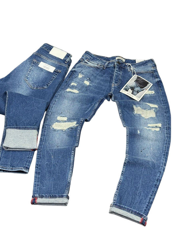 Men's Heavily Ripped Jeans in Medium Blue