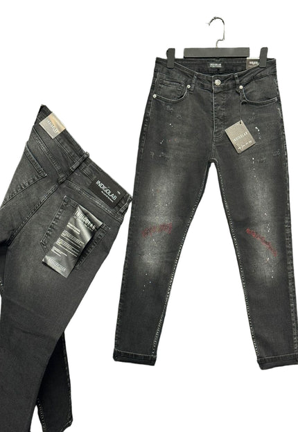Men's Paint Splatter Slim Jeans in Faded Black