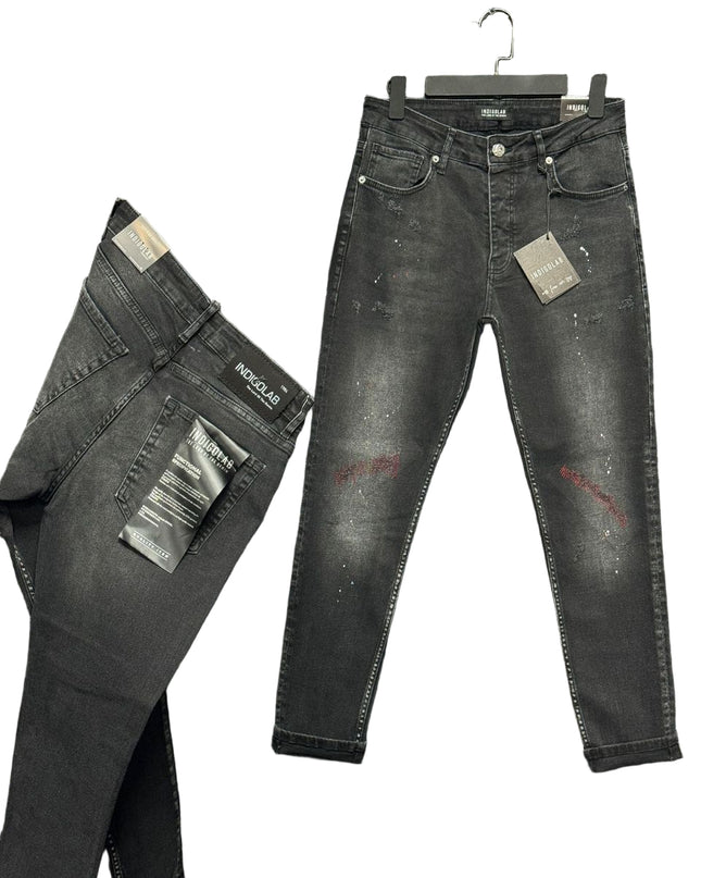 Men's Paint Splatter Slim Jeans in Faded Black