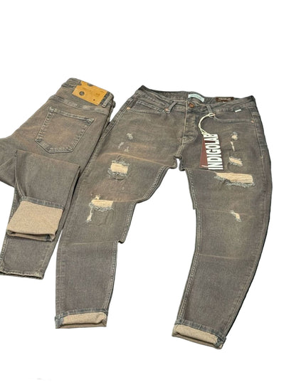 Men's Ripped Slim Fit Jeans in Washed Brown
