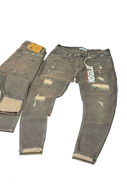 Men's Ripped Slim Fit Jeans in Washed Brown
