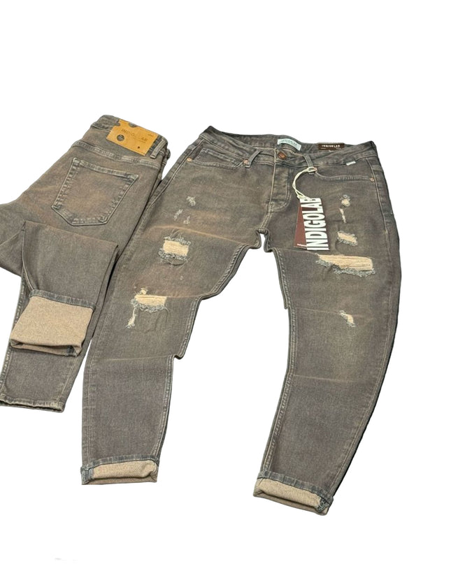 Men's Ripped Slim Fit Jeans in Washed Brown