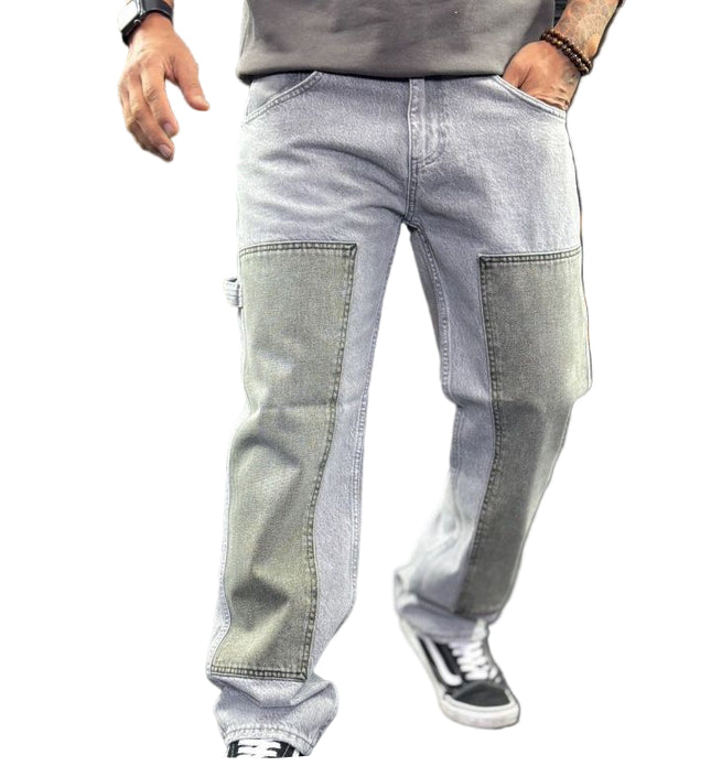 Men's Two-Tone Patchwork Jeans in Light Grey