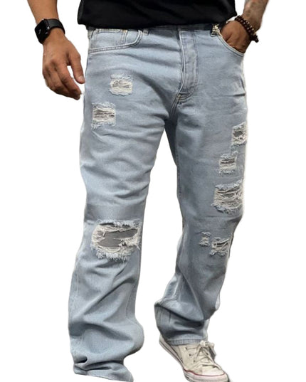Men's Heavily Ripped Straight Leg Jeans in Light Blue