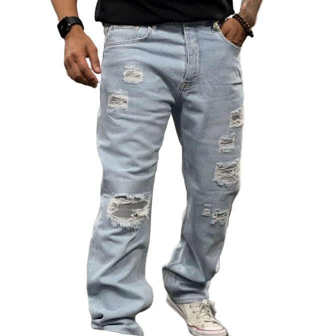 Men's Heavily Ripped Straight Leg Jeans in Light Blue