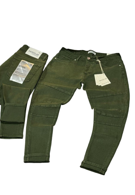 Men's Moto Panel Slim Jeans in Dark Olive