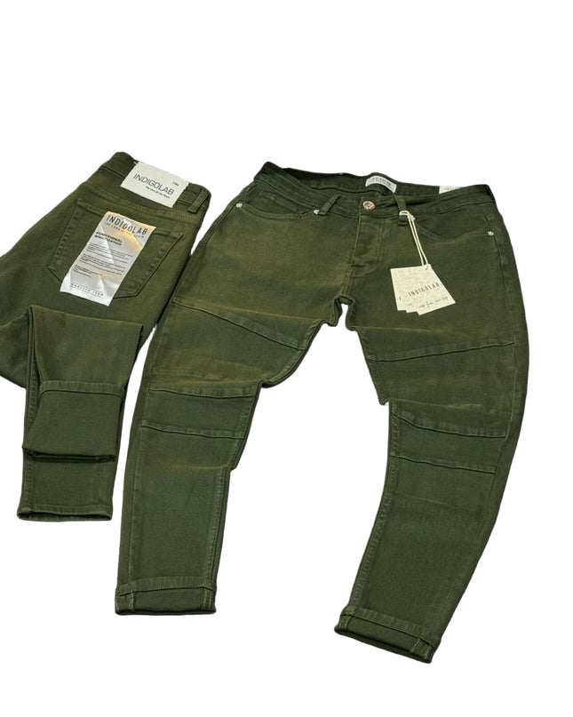 Men's Moto Panel Slim Jeans in Dark Olive