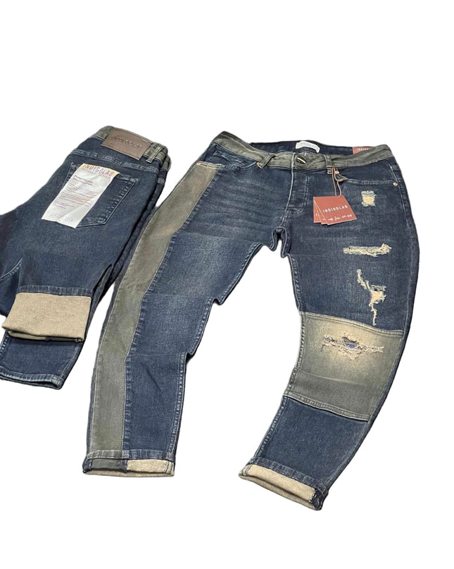 Men's Two-Tone Patchwork Jeans in Dark Wash