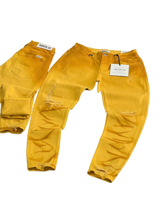 Men's Distressed Slim Jeans in Mustard Yellow