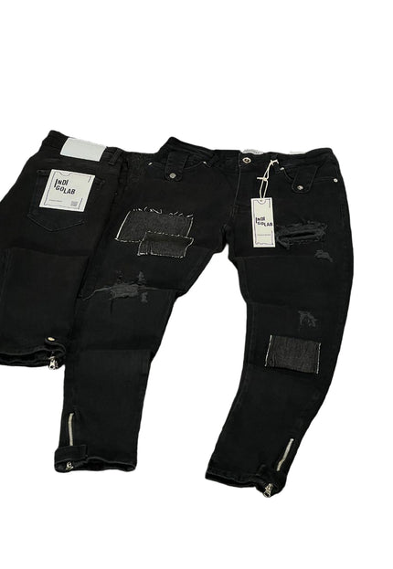 Men's Patchwork Ankle Zip Jeans in Black