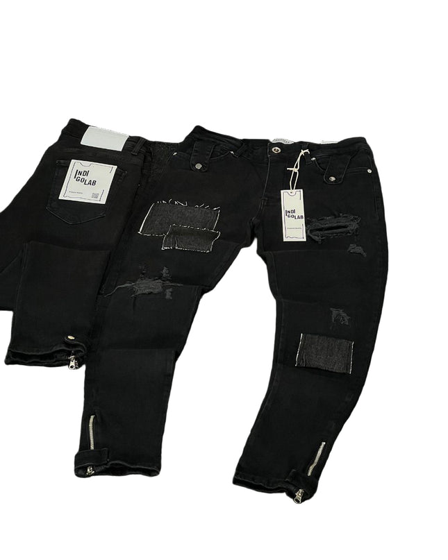 Men's Patchwork Ankle Zip Jeans in Black