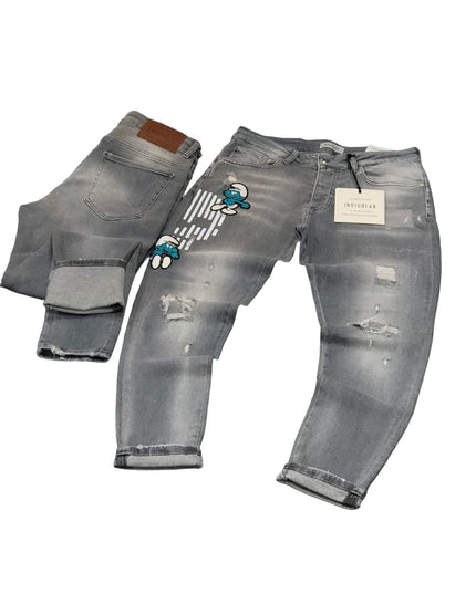 Men's Graphic Print Distressed Jeans in Grey