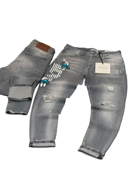 Men's Graphic Print Distressed Jeans in Grey