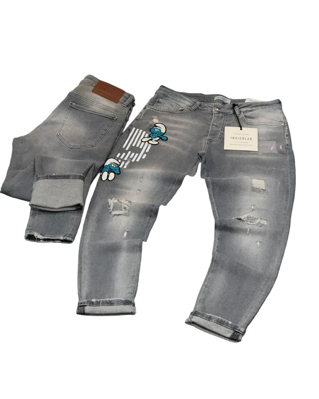 Men's Graphic Print Distressed Jeans in Grey