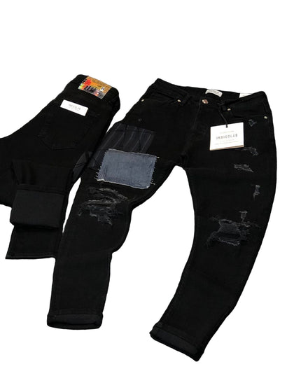 Men's Distressed Patchwork Jeans in Faded Black