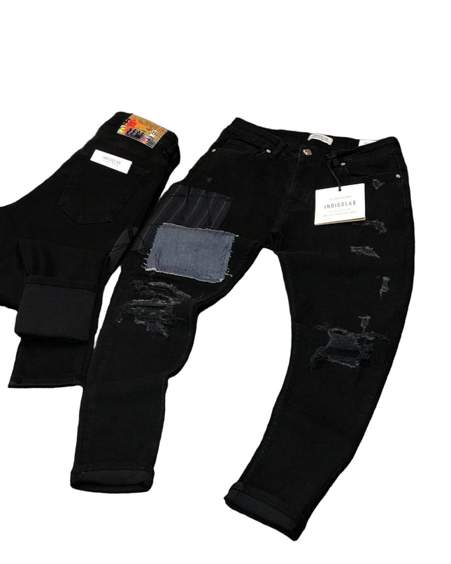 Men's Distressed Patchwork Jeans in Faded Black