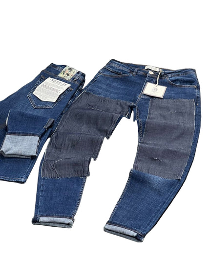 Men's Frayed Patchwork Jeans in Dark Wash