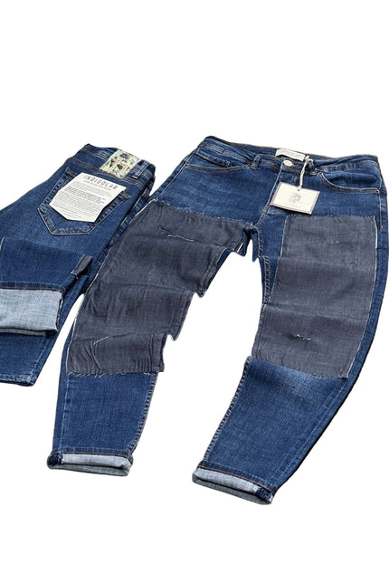 Men's Frayed Patchwork Jeans in Dark Wash