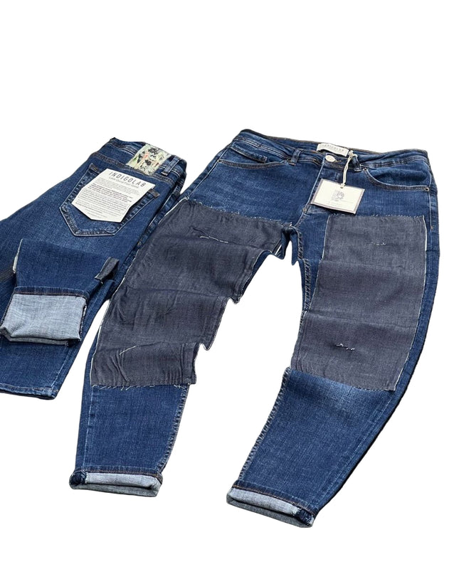 Men's Frayed Patchwork Jeans in Dark Wash