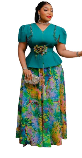 LADIES EMBROIDERED FLOWER BLOUSE WITH LONG DIGITAL PRINTED SKIRT SET