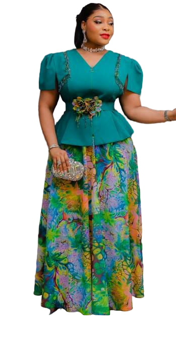 LADIES EMBROIDERED FLOWER BLOUSE WITH LONG DIGITAL PRINTED SKIRT SET
