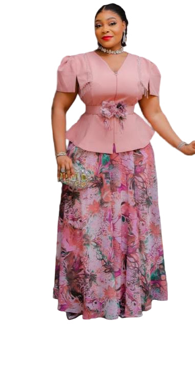 LADIES EMBROIDERED FLOWER BLOUSE WITH LONG DIGITAL PRINTED SKIRT SET