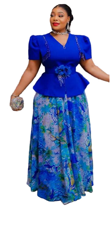 LADIES EMBROIDERED FLOWER BLOUSE WITH LONG DIGITAL PRINTED SKIRT SET