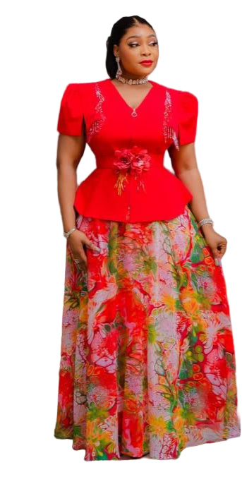 LADIES EMBROIDERED FLOWER BLOUSE WITH LONG DIGITAL PRINTED SKIRT SET