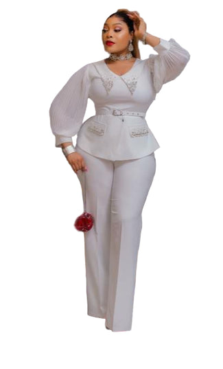 LADIES EMBROIDERED STONE BLOUSE WITH BELT AND LONG OPEN TROUSERS SET