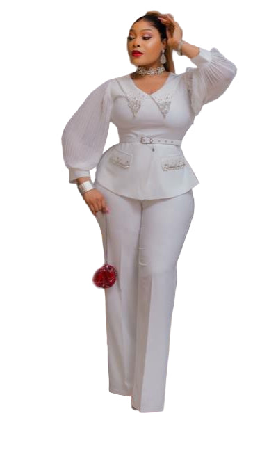 LADIES EMBROIDERED STONE BLOUSE WITH BELT AND LONG OPEN TROUSERS SET