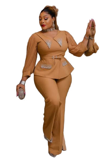 LADIES EMBROIDERED STONE BLOUSE WITH BELT AND LONG OPEN TROUSERS SET