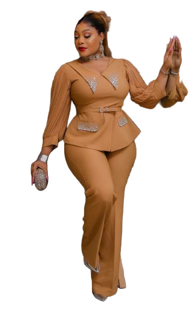 LADIES EMBROIDERED STONE BLOUSE WITH BELT AND LONG OPEN TROUSERS SET