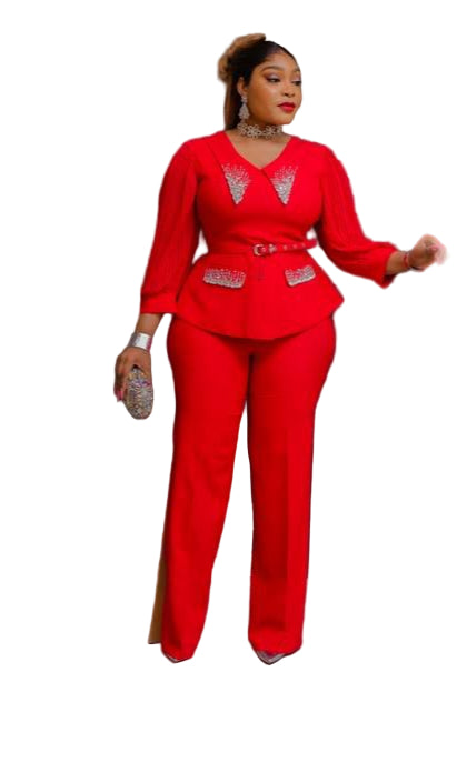 LADIES EMBROIDERED STONE BLOUSE WITH BELT AND LONG OPEN TROUSERS SET