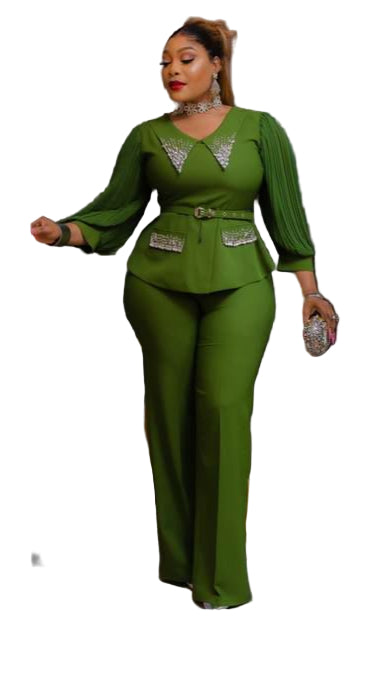 LADIES EMBROIDERED STONE BLOUSE WITH BELT AND LONG OPEN TROUSERS SET