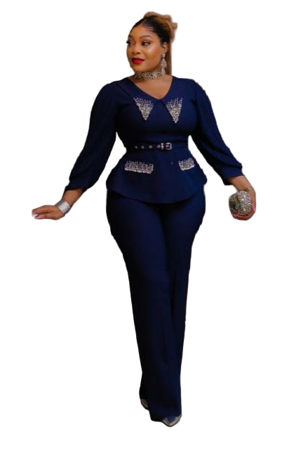 LADIES EMBROIDERED STONE BLOUSE WITH BELT AND LONG OPEN TROUSERS SET