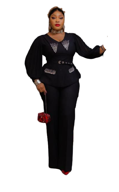 LADIES EMBROIDERED STONE BLOUSE WITH BELT AND LONG OPEN TROUSERS SET