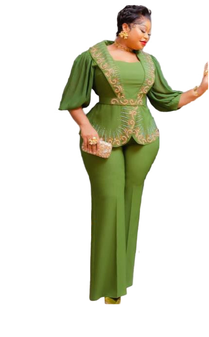 LADIES EMBELLISHED DESIGN PRINT BLOUSE WITH LONG OPEN TROUSERS SET