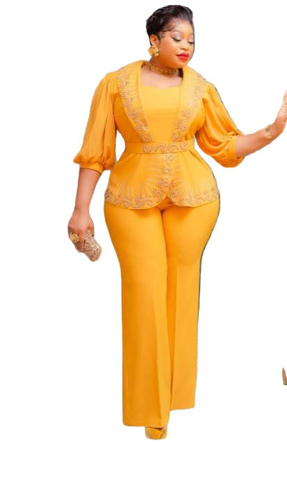 LADIES EMBELLISHED DESIGN PRINT BLOUSE WITH LONG OPEN TROUSERS SET