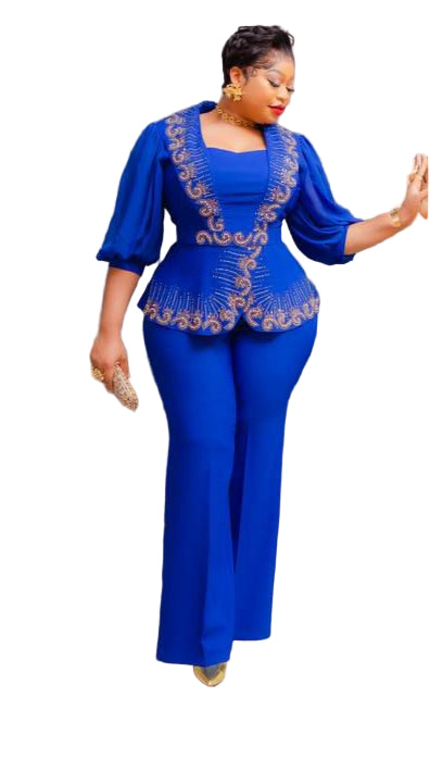 LADIES EMBELLISHED DESIGN PRINT BLOUSE WITH LONG OPEN TROUSERS SET