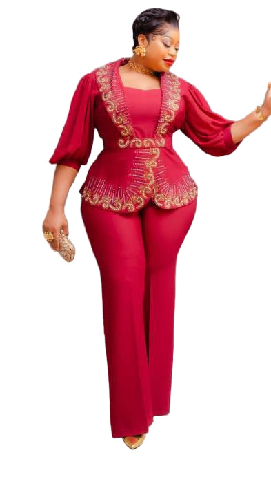 LADIES EMBELLISHED DESIGN PRINT BLOUSE WITH LONG OPEN TROUSERS SET