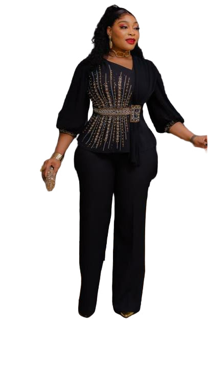LADIES EMBROIDERED STONE BLOUSE WITH PLAIN WIDE-LEG TROUSERS SET