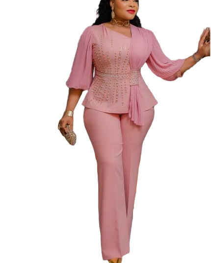 LADIES EMBROIDERED STONE BLOUSE WITH PLAIN WIDE-LEG TROUSERS SET