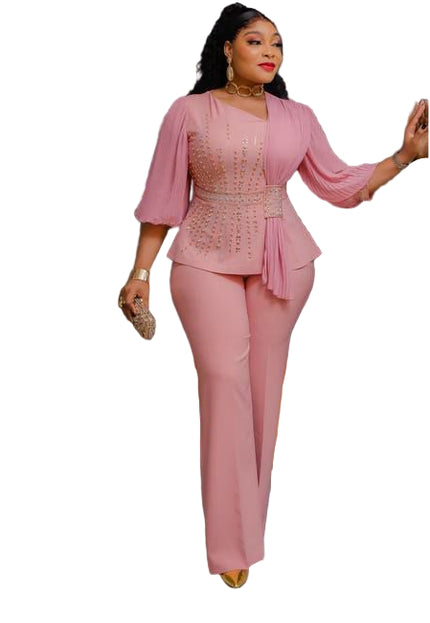 LADIES EMBROIDERED STONE BLOUSE WITH PLAIN WIDE-LEG TROUSERS SET