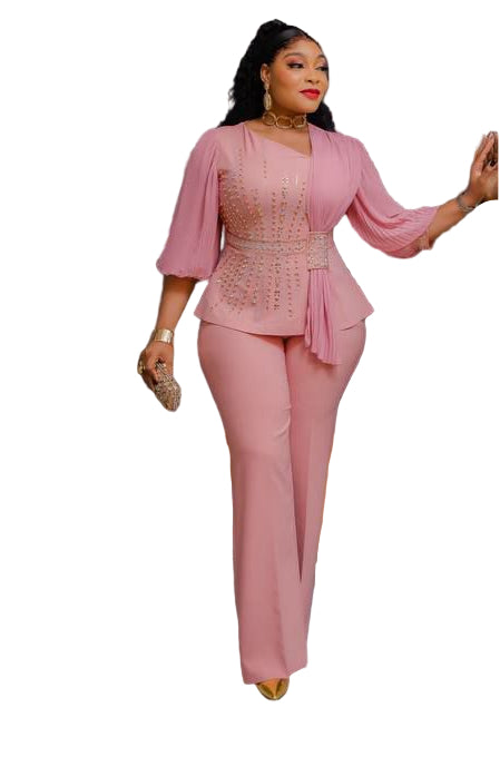 LADIES EMBROIDERED STONE BLOUSE WITH PLAIN WIDE-LEG TROUSERS SET