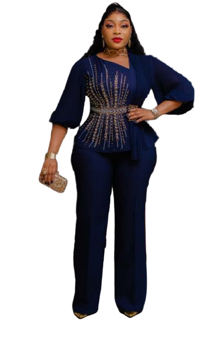 LADIES EMBROIDERED STONE BLOUSE WITH PLAIN WIDE-LEG TROUSERS SET