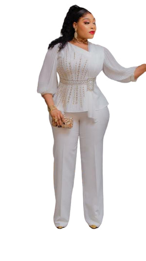 LADIES EMBROIDERED STONE BLOUSE WITH PLAIN WIDE-LEG TROUSERS SET