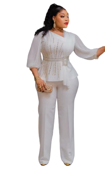 LADIES EMBROIDERED STONE BLOUSE WITH PLAIN WIDE-LEG TROUSERS SET