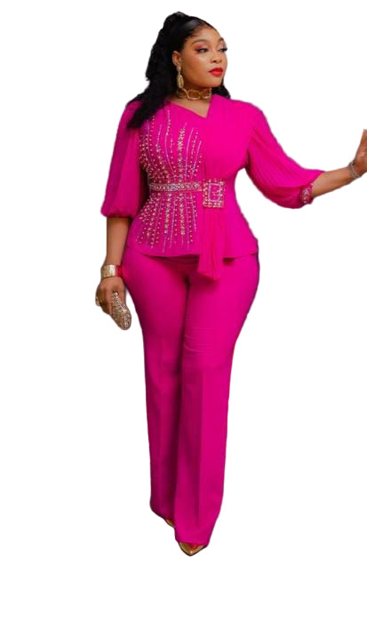LADIES EMBROIDERED STONE BLOUSE WITH PLAIN WIDE-LEG TROUSERS SET