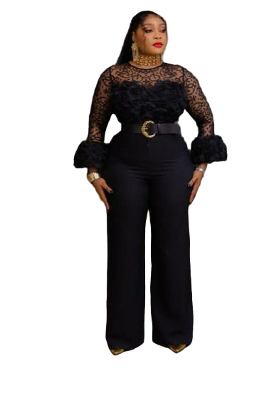 LADIES EMBROIDERED FLOWER JUMPSUIT WITH WIDE-LEG PANTS